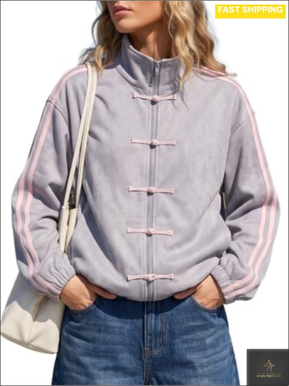 Faux Suede Zip Up Funnel Neck Jacket Frog Button Bomber Coat